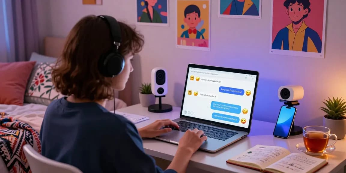 Engaging NSFW chat interaction with a cozy bedroom setting and colorful AI character interface.