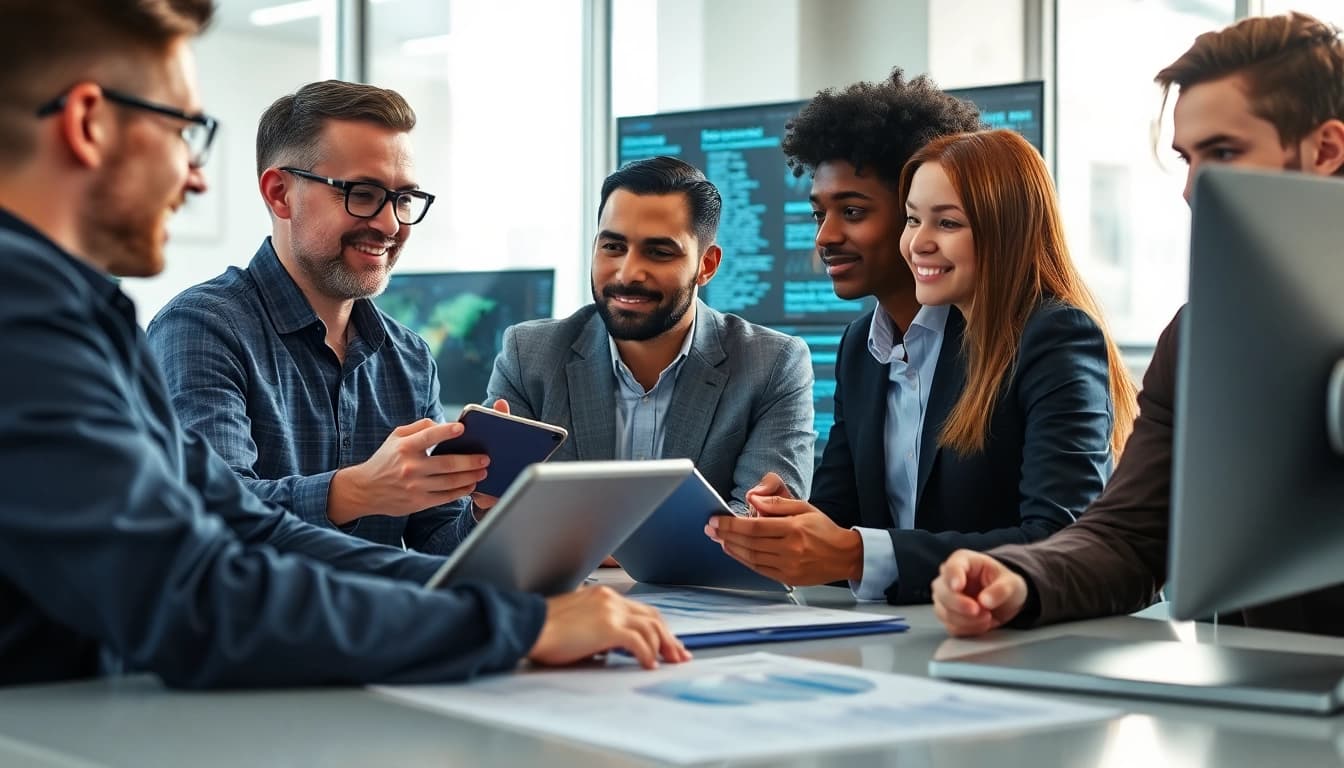 AI claims processing team collaborating in a modern office with screens and data analytics.