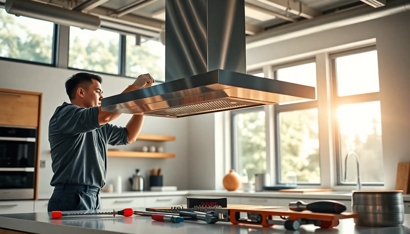 Technician demonstrating exhaust hood installation in a modern kitchen setting.