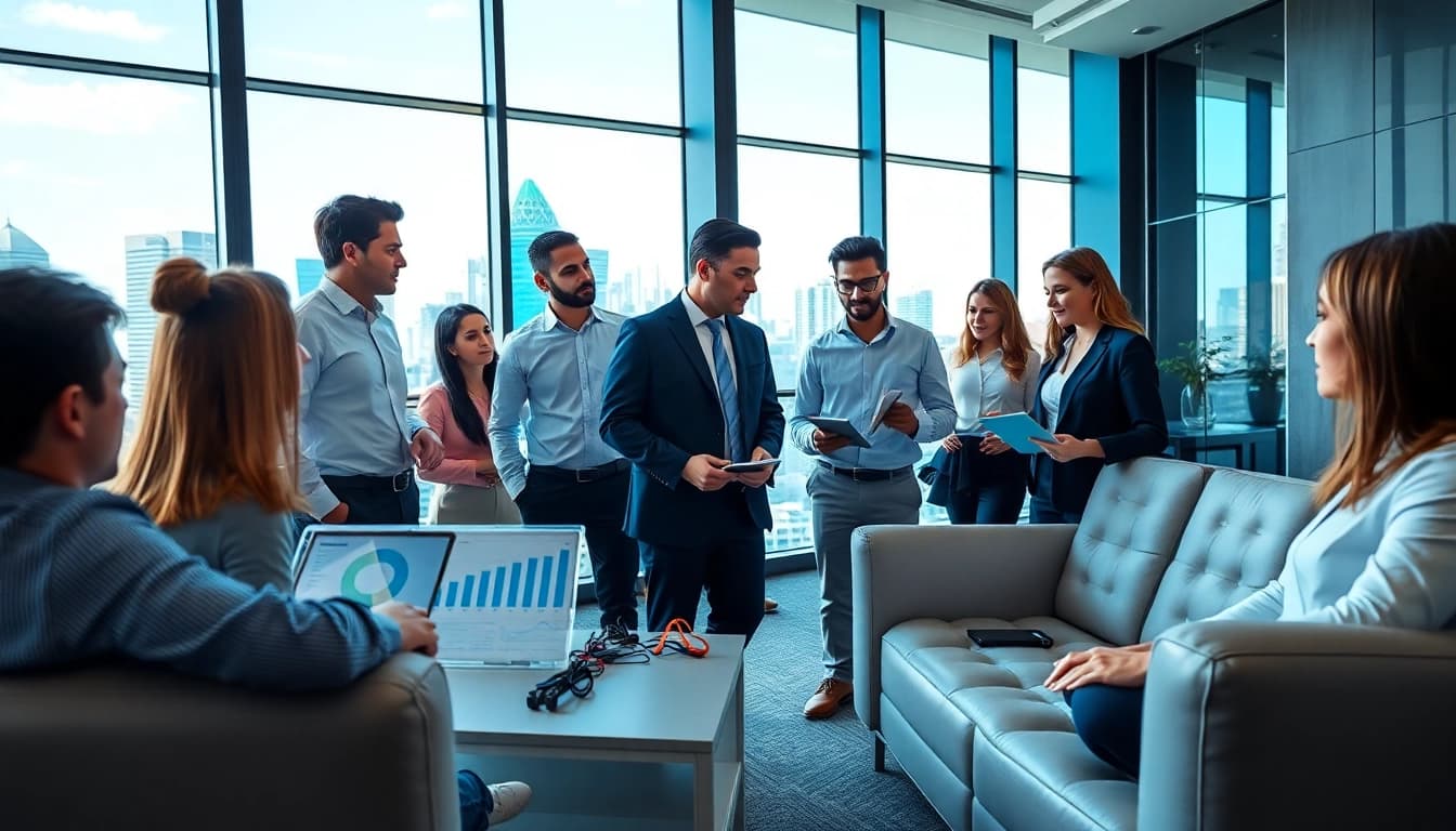 Evaluate growth strategy trends with a diverse team planning in a modern office setting.