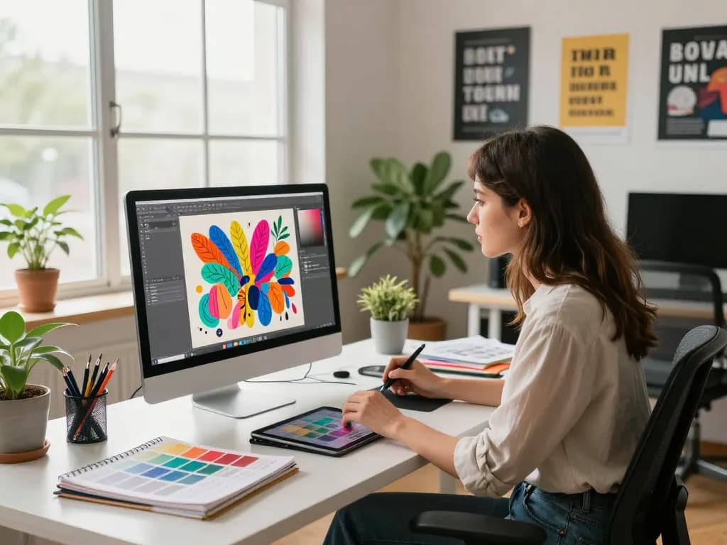 Graphic designer using image to prompt tool for digital art creation in a bright workspace.