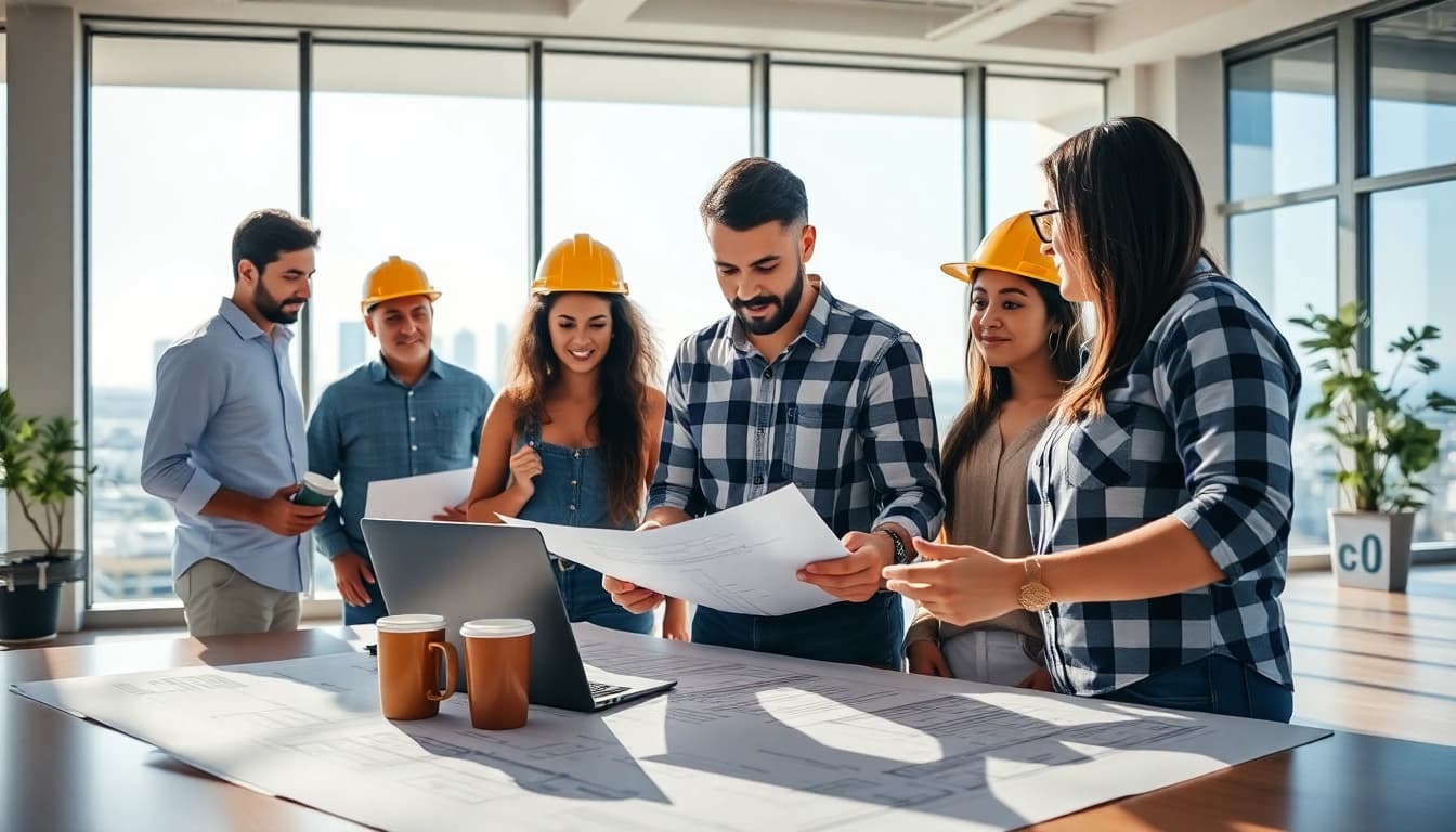 Team of Southern California contractors association members collaborating over blueprints in a modern office.