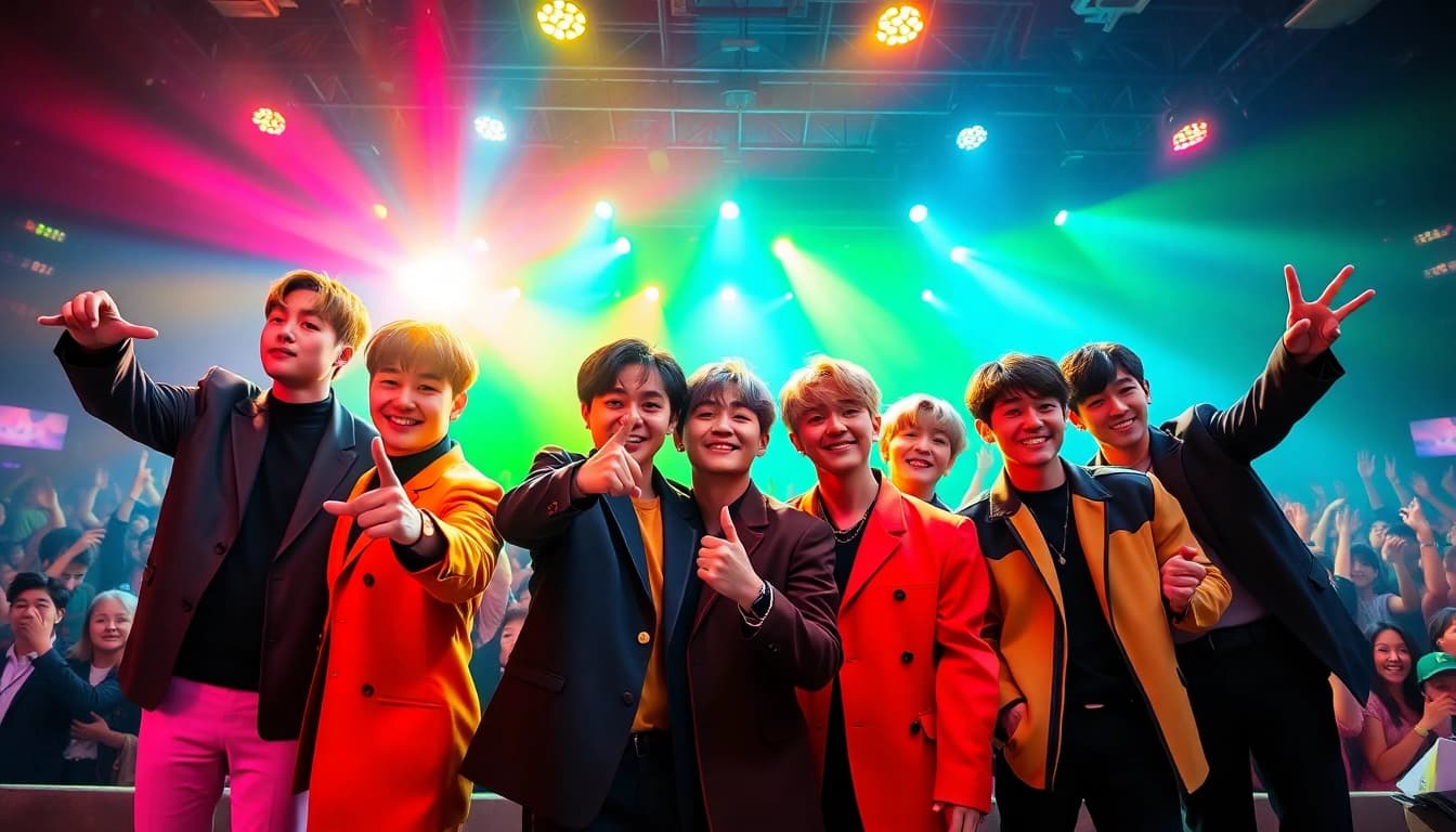 BTS members performing passionately in a lively concert with vibrant lighting and dynamic poses.