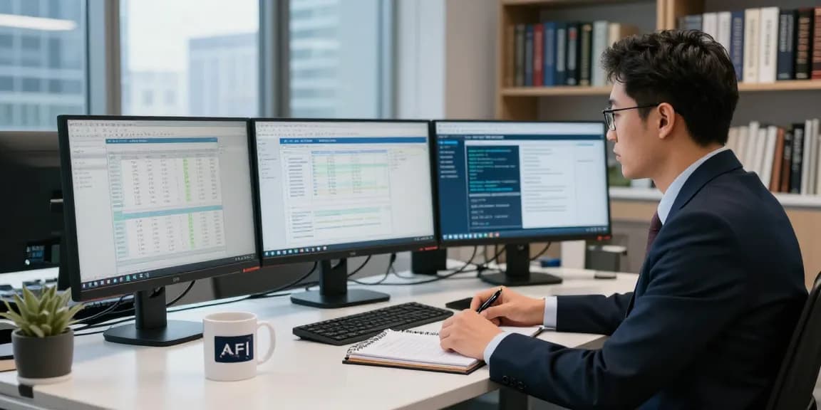 Gambaran auditor forensik profesional dari aafikotabogor.org di kantor modern dengan analisis data keuangan.
