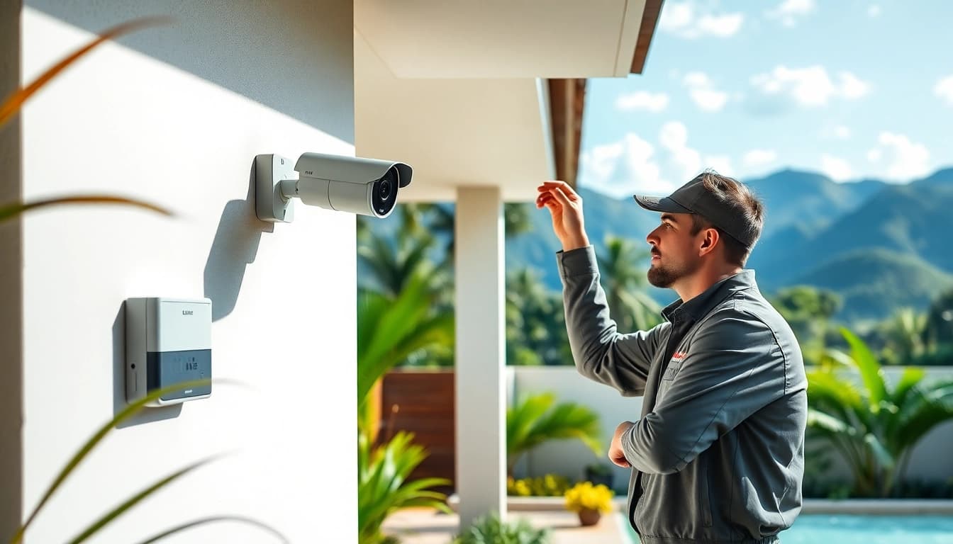 Técnico experto instalando una cámara de CCTV, representando a una empresa de seguridad en Guanacaste.