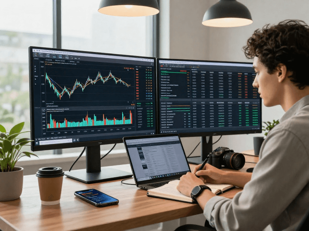 Trader utilizing MetaTrader 5 in a modern workspace with multiple monitors.