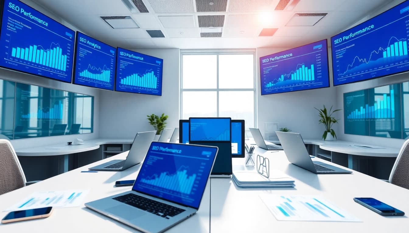 Visualize SEO performance metrics in a dynamic digital marketing workspace with vibrant analytics.