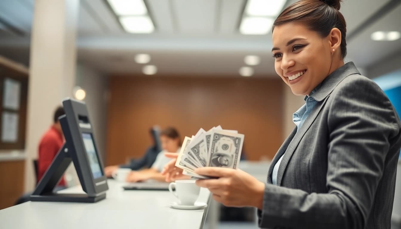 Melakukan deposit 1k dengan teller bank di lingkungan modern.