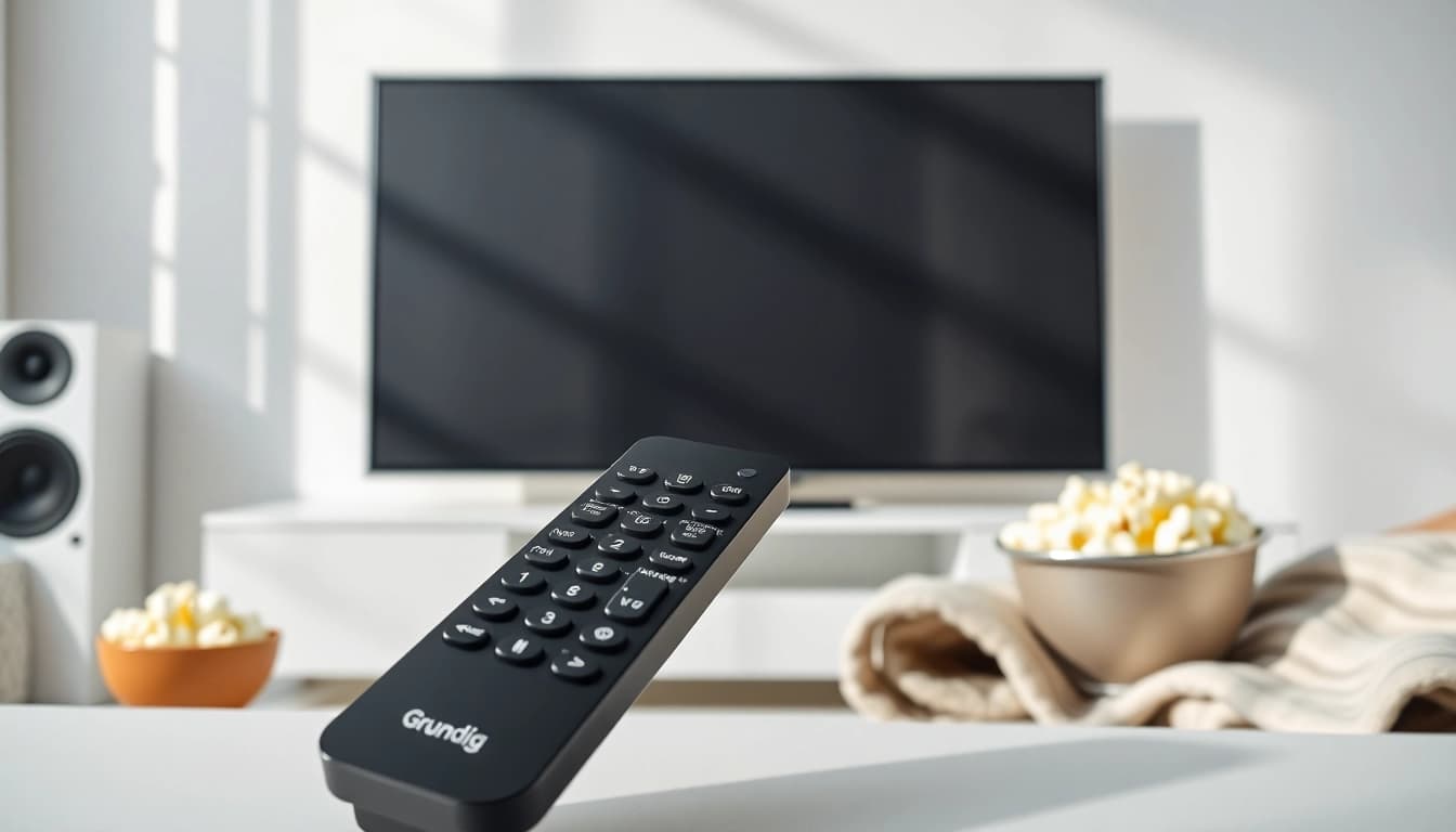 Bedienen Sie den Grundig TS1187R Fernbedienung mit klaren Tasten in einem modernen Wohnzimmer-Setup.