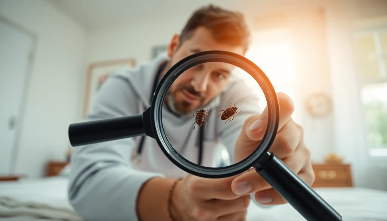 Analyze bed bug treatment cost by observing a pest control technician inspecting a bedroom for pests.