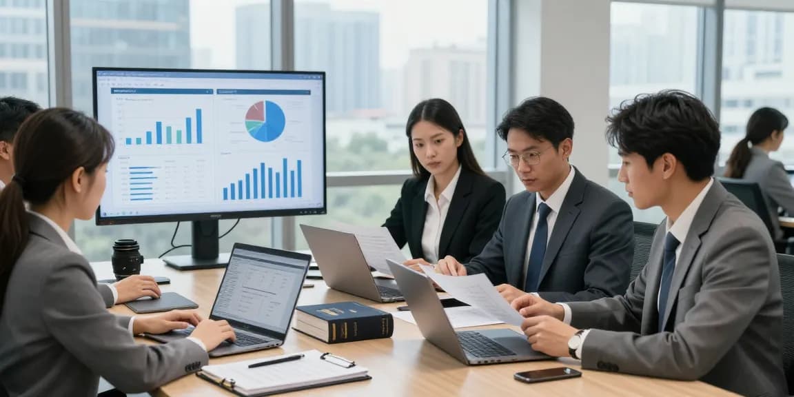 Tim audit forensik dari aafikotajakarta.org berdiskusi di kantor modern dengan dokumen keuangan dan grafik analisis.