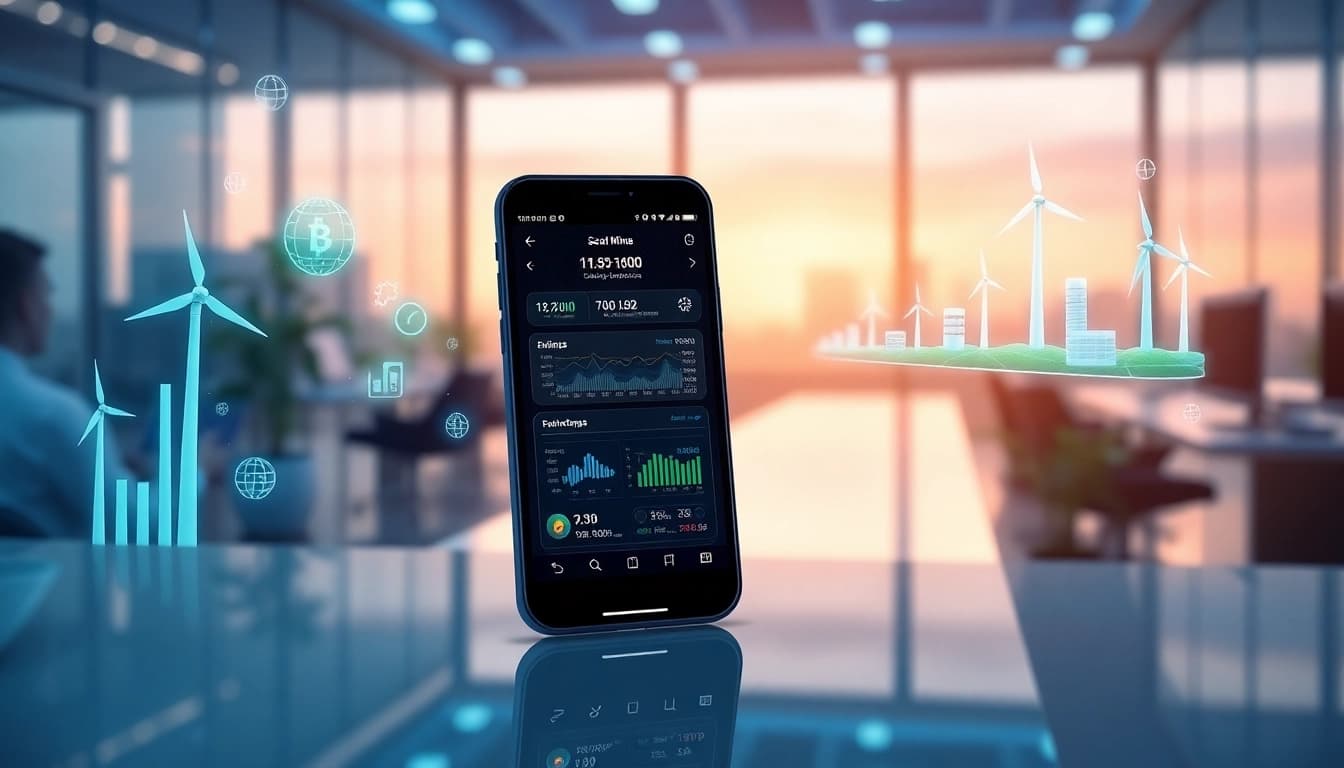 cloud mining app dashboard displaying real-time mining stats and renewable energy sources