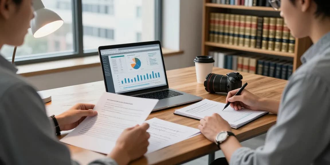 Auditor AAFI KOTA CIREBON sedang memeriksa dokumen keuangan di meja kerja profesional.