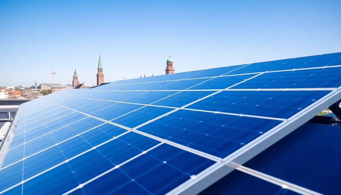 View of commercial solar panels Nottingham installation on a modern building in an urban area.