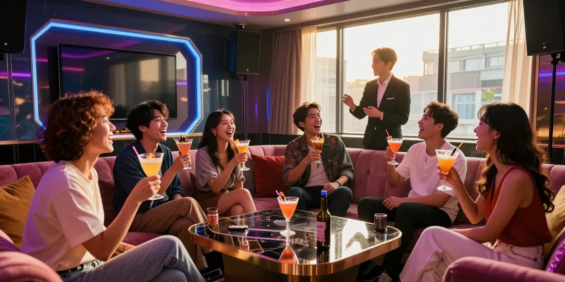 Group enjoying 강남가라오케 in a luxurious private room with cocktails, singing, and vibrant decor.