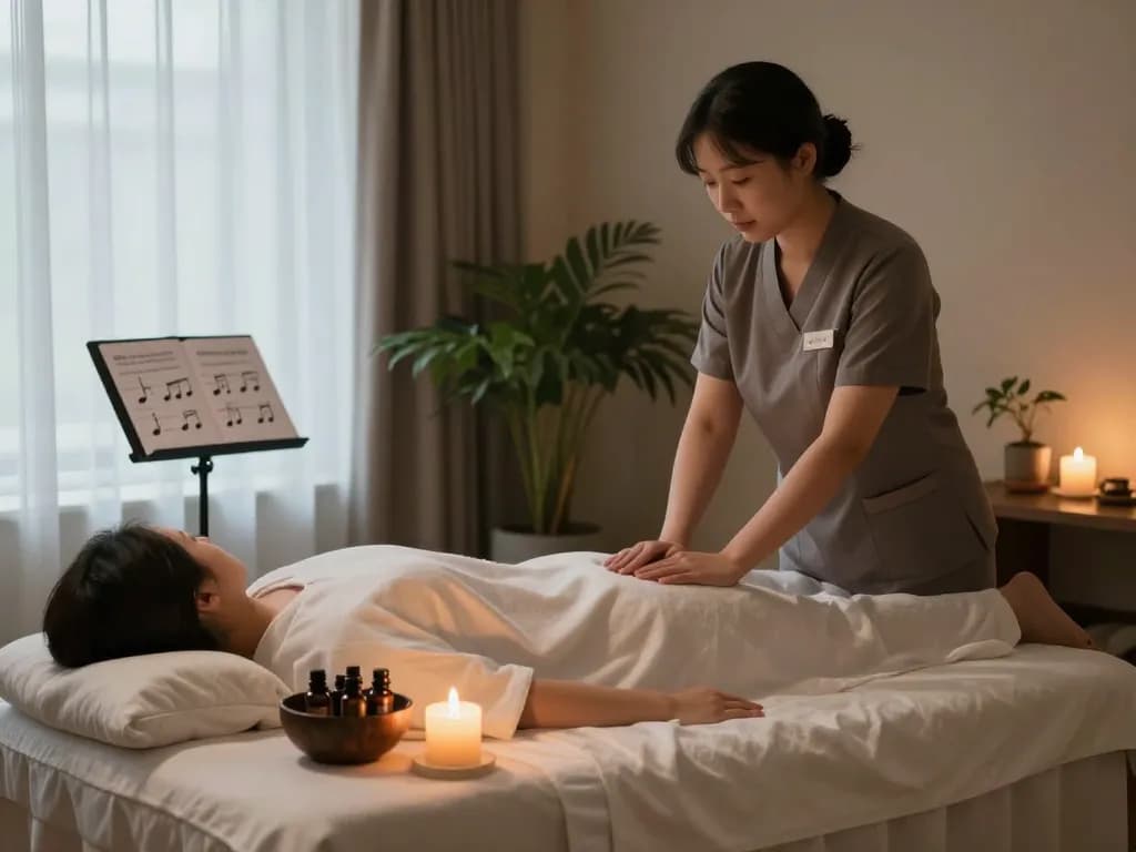 편안한 장식, 에센셜 오일, 따뜻한 조명이 갖춰진 고요한 스파에서의 편안한 역삼동마사지 세팅.