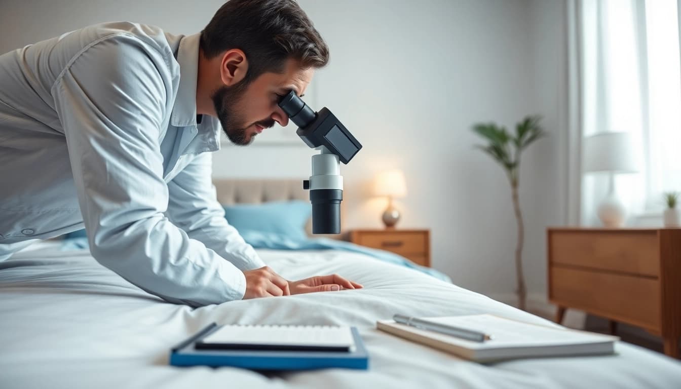 Assess bed bug treatment cost with a professional examining a bed in a bright environment.