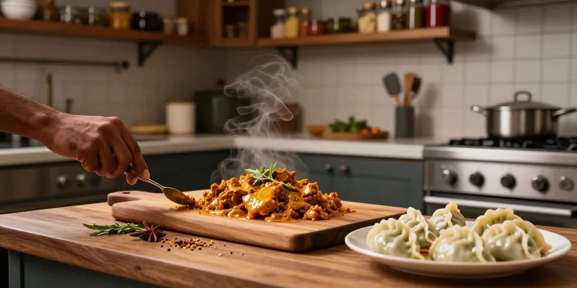 Delicious Indian curry preparation and steaming momo dumplings embodying the essence of https://namastecurryandmomo.com authentic South Asian flavors.