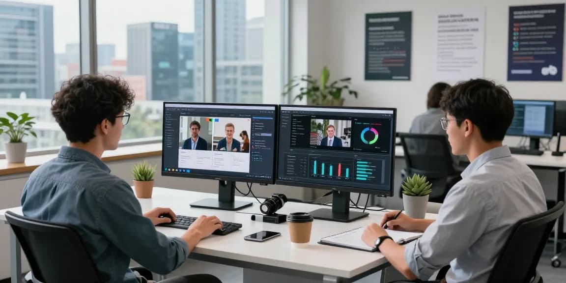 AI image detector professionals analyzing flagged content in a modern tech workspace environment.