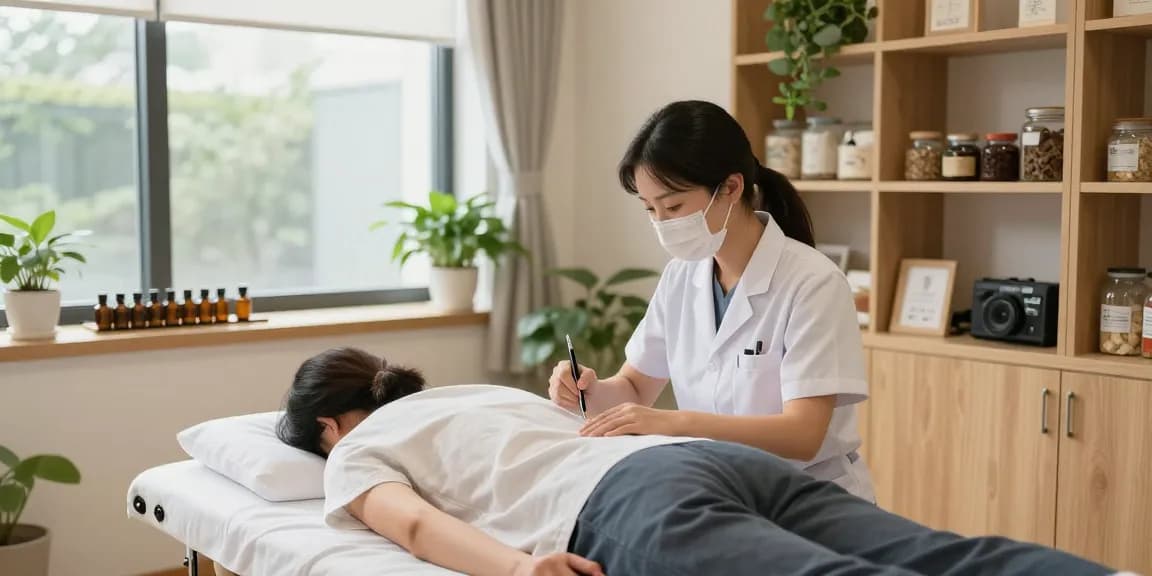 Healing session at 영통한의원 showcasing acupuncture treatment in a serene environment.