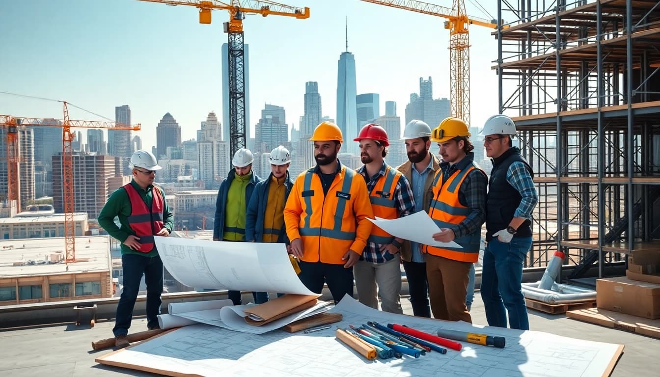 New York Commercial General Contractor team collaborating at a dynamic construction site.
