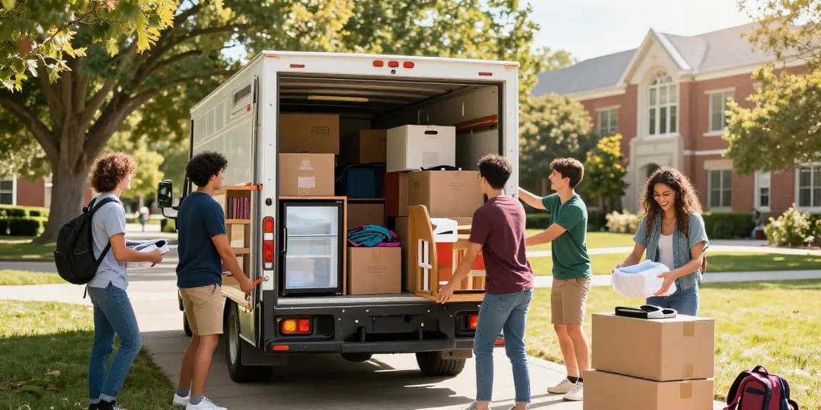 Happy college movers in St. George packing a truck with dorm essentials.