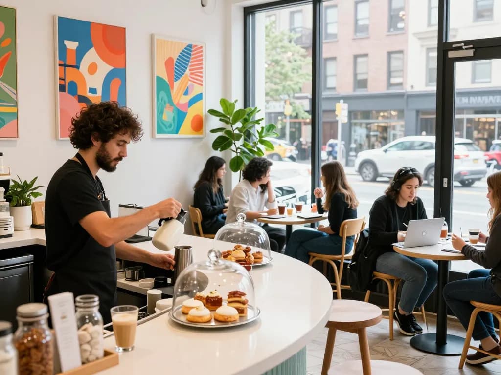 Local SEO NYC strategy showcased in a vibrant café scene with customers engaging and enjoying crafted drinks.