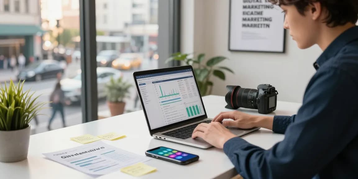 Digital marketing professional analyzing data at a sleek desk, showcasing analytics, strategies, and urban atmosphere.