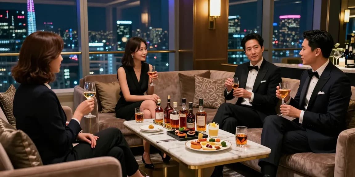 Elegant atmosphere at 강남 쩜오 좋아요, stylish individuals enjoying drinks in a plush lounge setting.