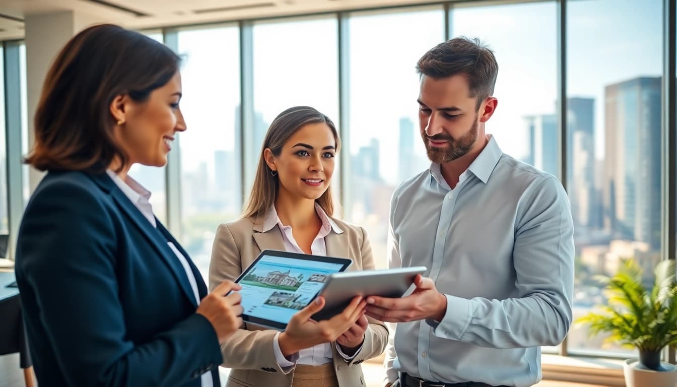 Engaging real estate agents collaborating on listings in a bright office space.