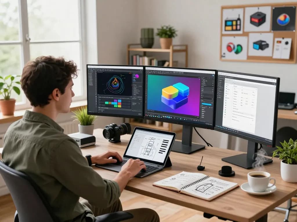 3D product configurator software interface on dual monitors in a modern workspace, showcasing vibrant design tools and creative atmosphere.