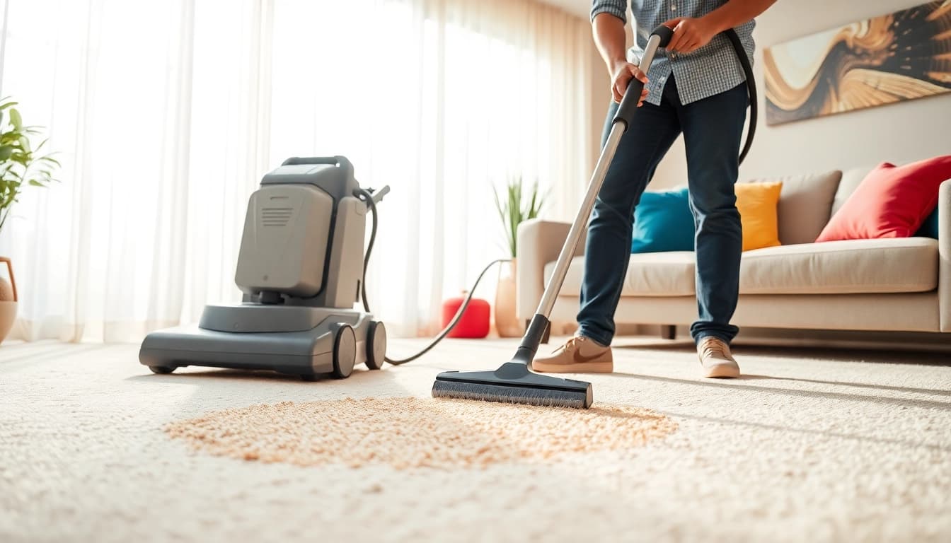 Carpet cleaning business professional cleaning a vibrant carpet in a bright living room.