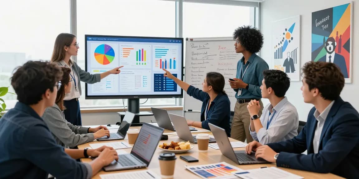 Team engaged in strategic political campaign analytics discussion with data visualizations in modern office setting.