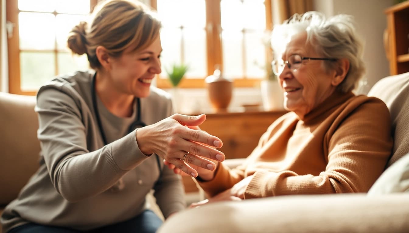 Quality austin senior home care depicted through a compassionate caregiver assisting an elderly client at home.