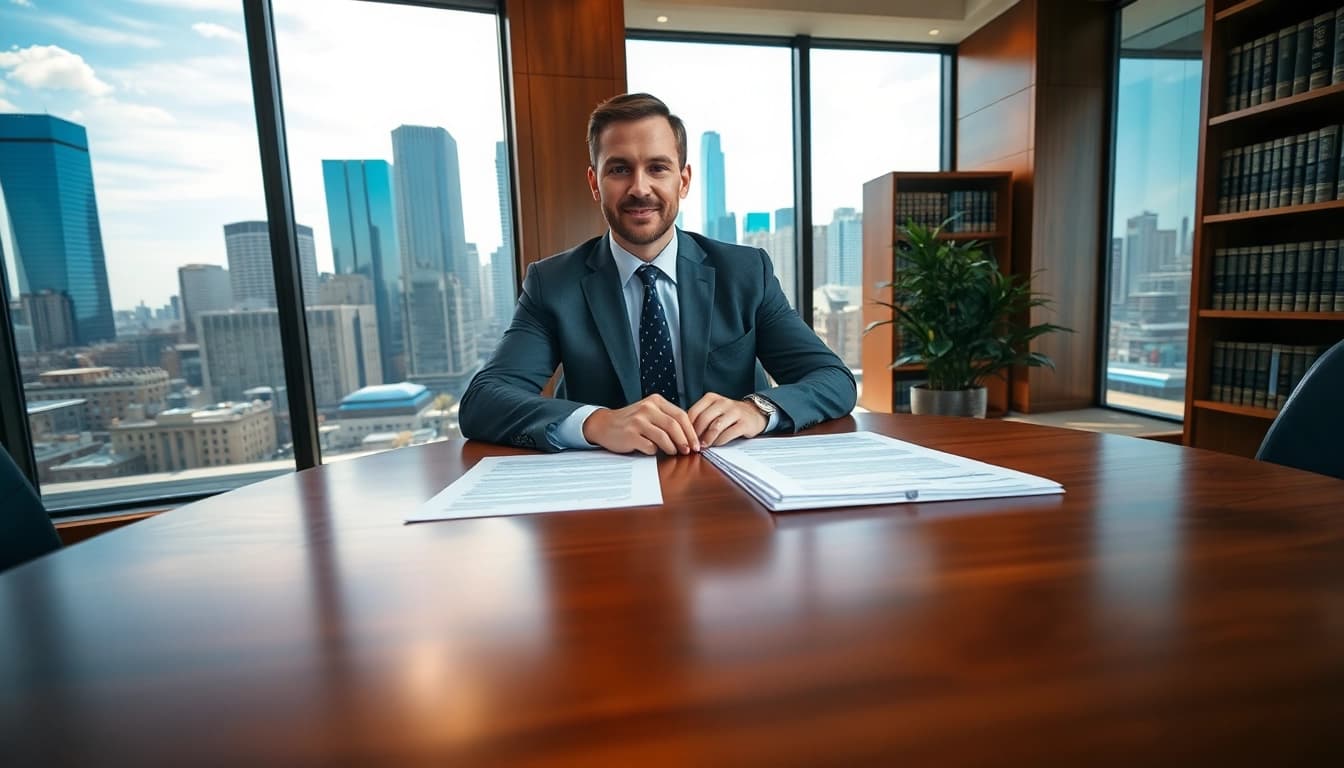 Real estate lawyer confidently reviewing legal documents in a professional office setting.