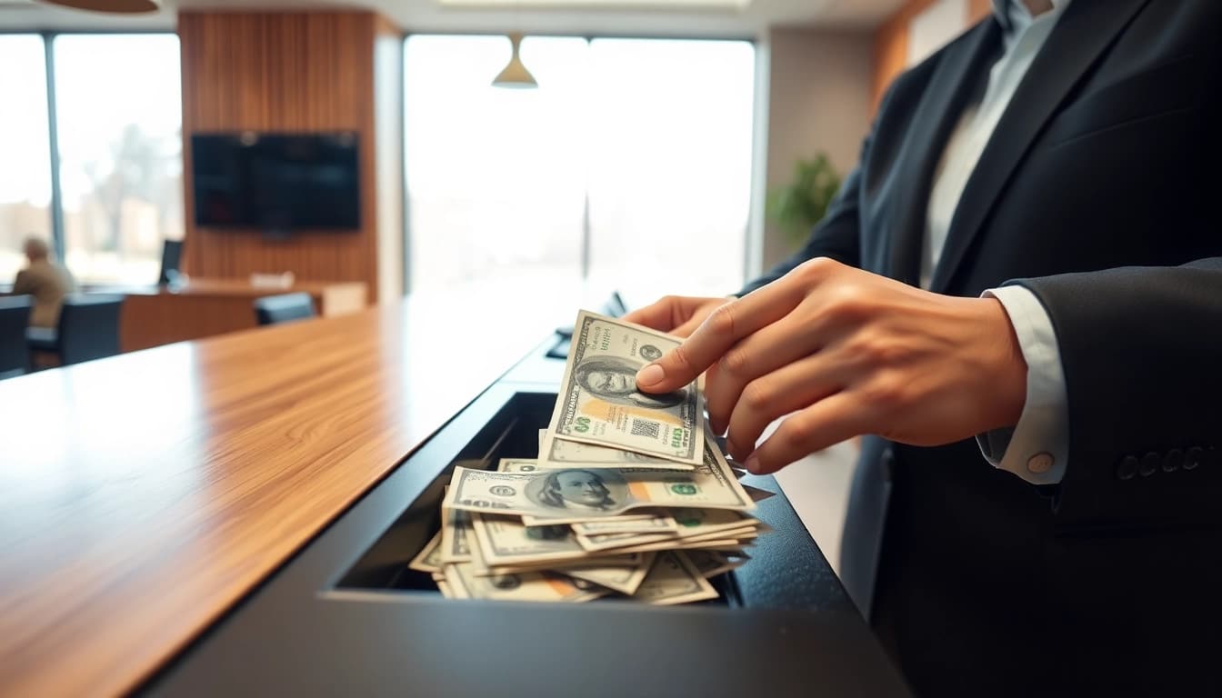 Menyimpan deposit 1k dalam uang tunai di bank dengan teller yang ramah.