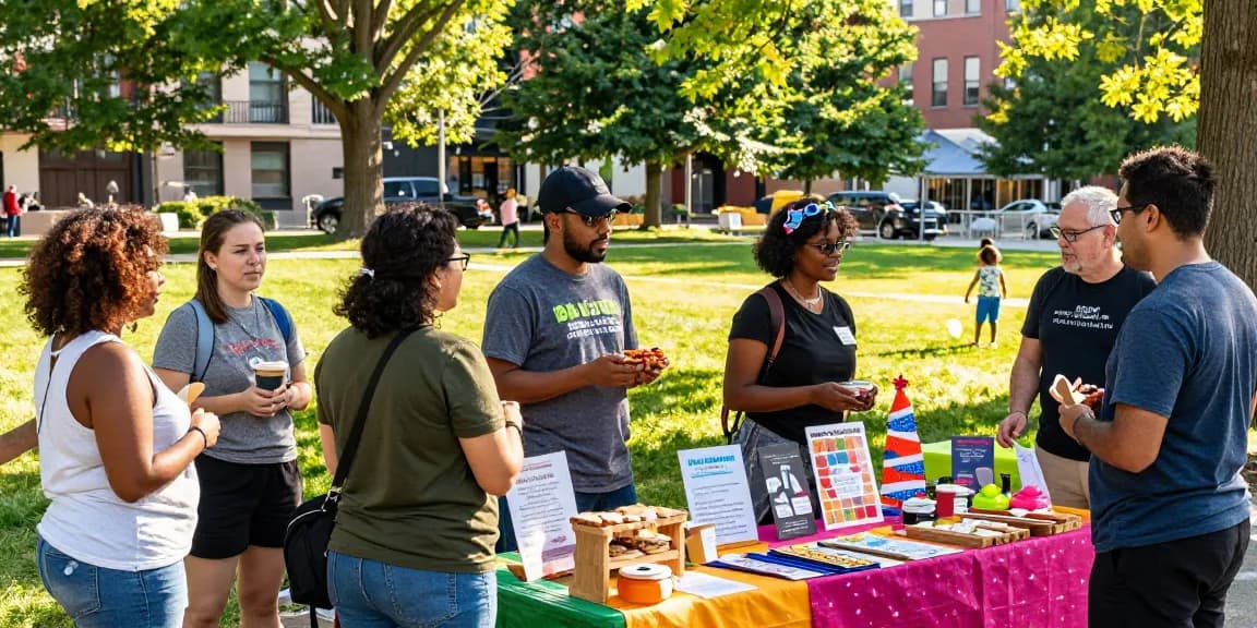 Community engagement at a local market showcasing products and local businesses from https://forumup.org/shop/search.php?ca_id=&addr1=&addr2=&addr3=&schKeyword during a sunny afternoon.