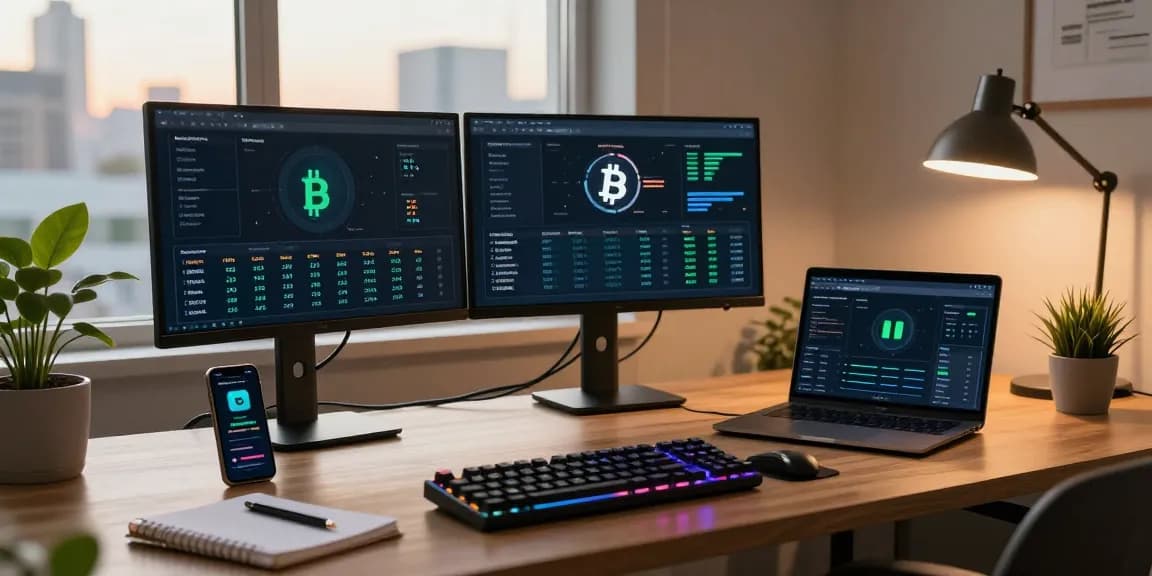 Bitcoin cloud mining professional setup with cryptocurrency dashboard on monitors and secure digital wallet notifications in a modern home office.