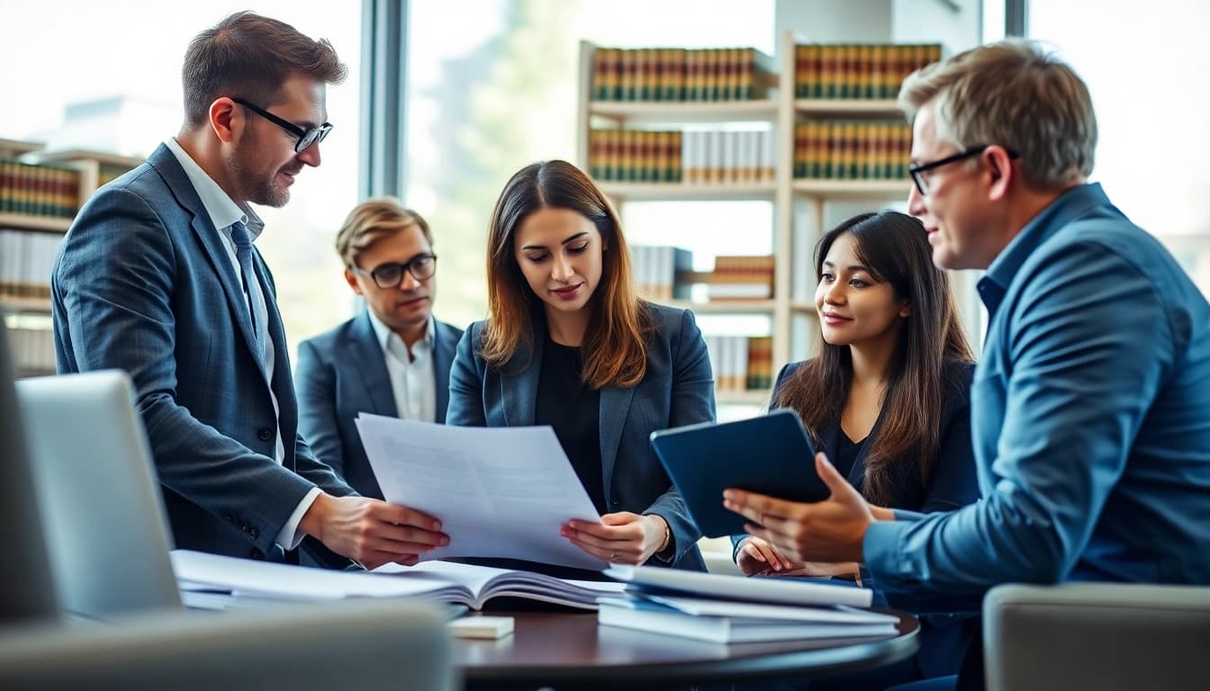Consultants analyzing federal and state contracts and grants in a modern office environment.