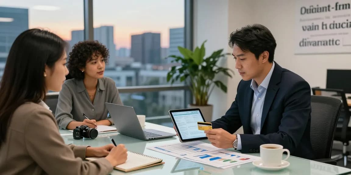 Financial advisor discussing 신용카드현금화 strategies with clients in modern office.
