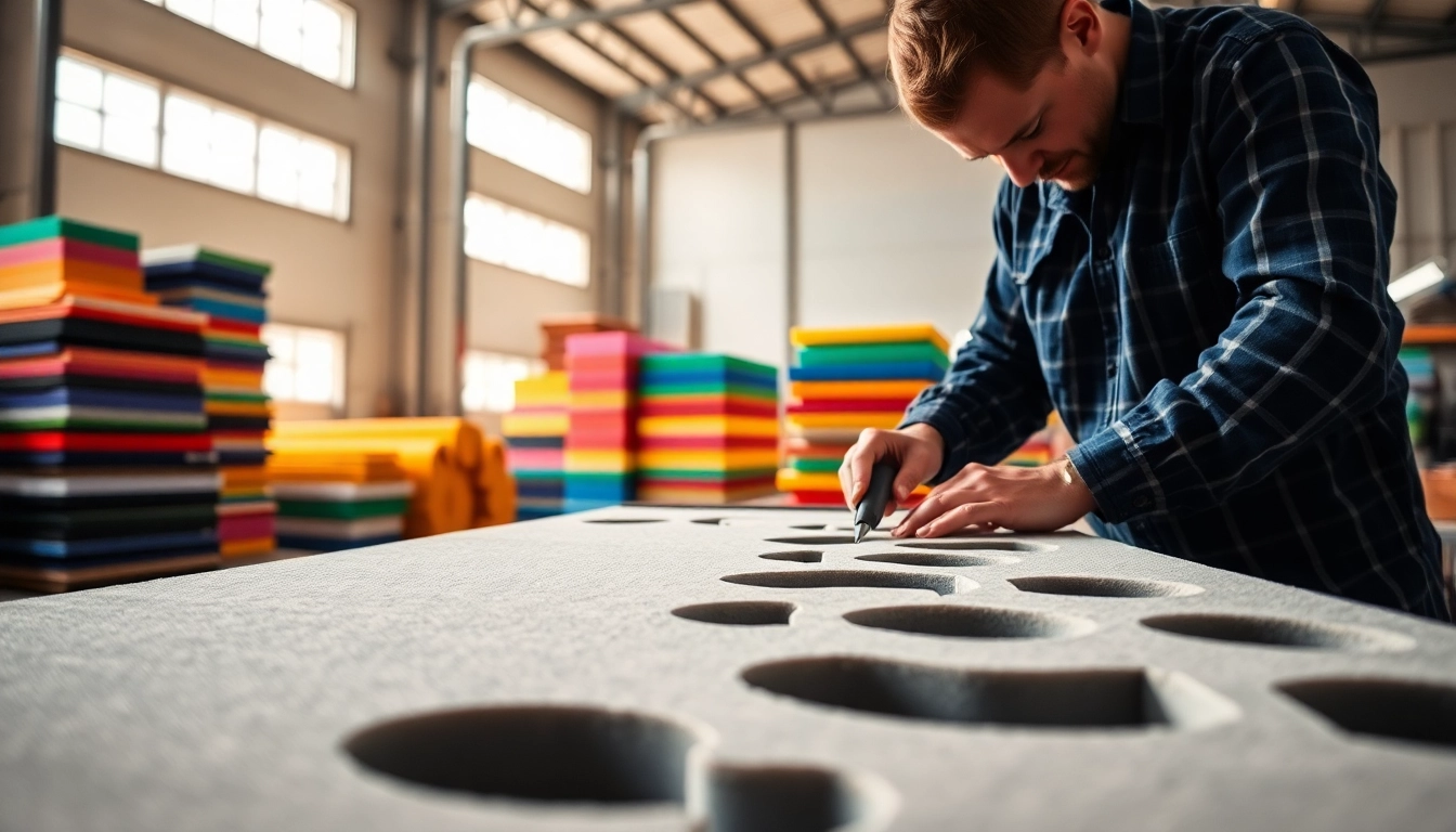 Crafting foam for rifle case with precision in a well-lit workshop.