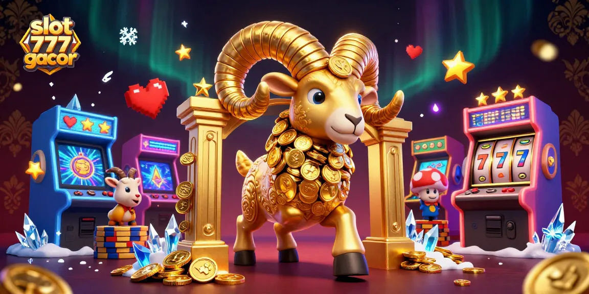 Engaging scene of slot 777 gacor featuring a golden ram amidst colorful game elements, jackpot reels, and casino excitement.
