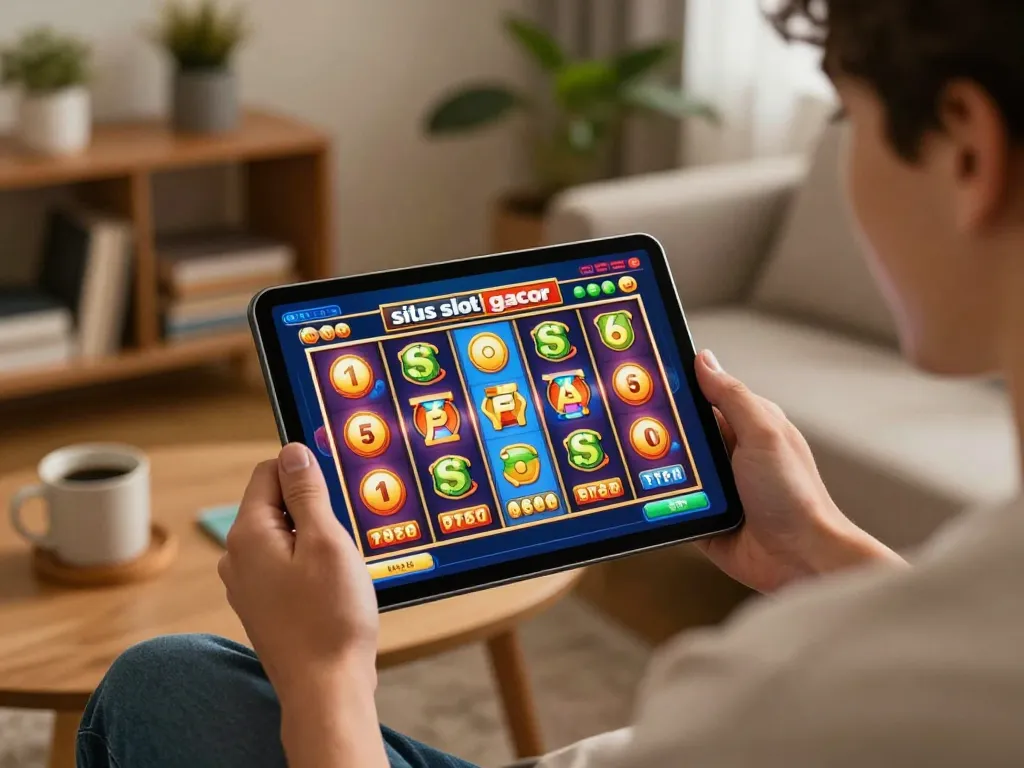 Engaged player enjoying situs slot gacor on tablet, vibrant slot reels spinning in cozy home setting.