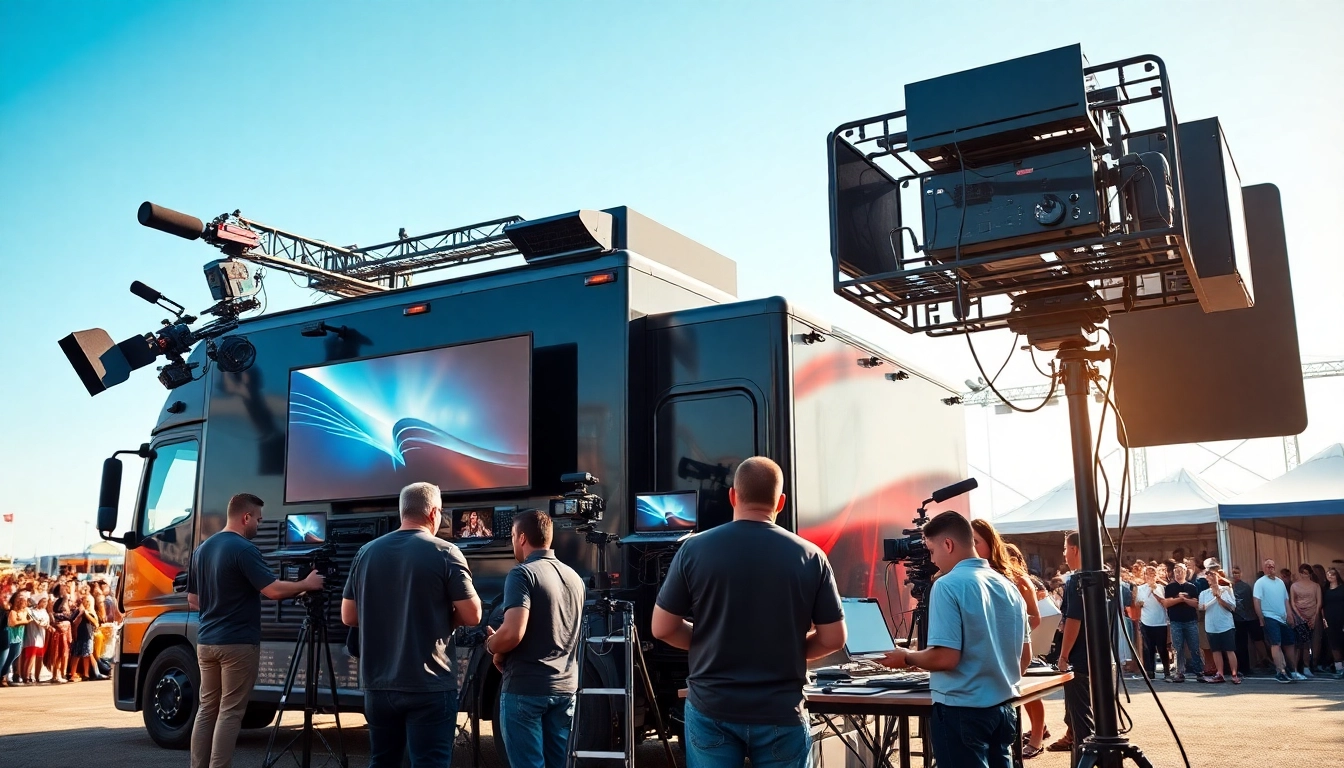 Capture mobile production services setup with a dynamic crew and high-tech trucks during a live event.