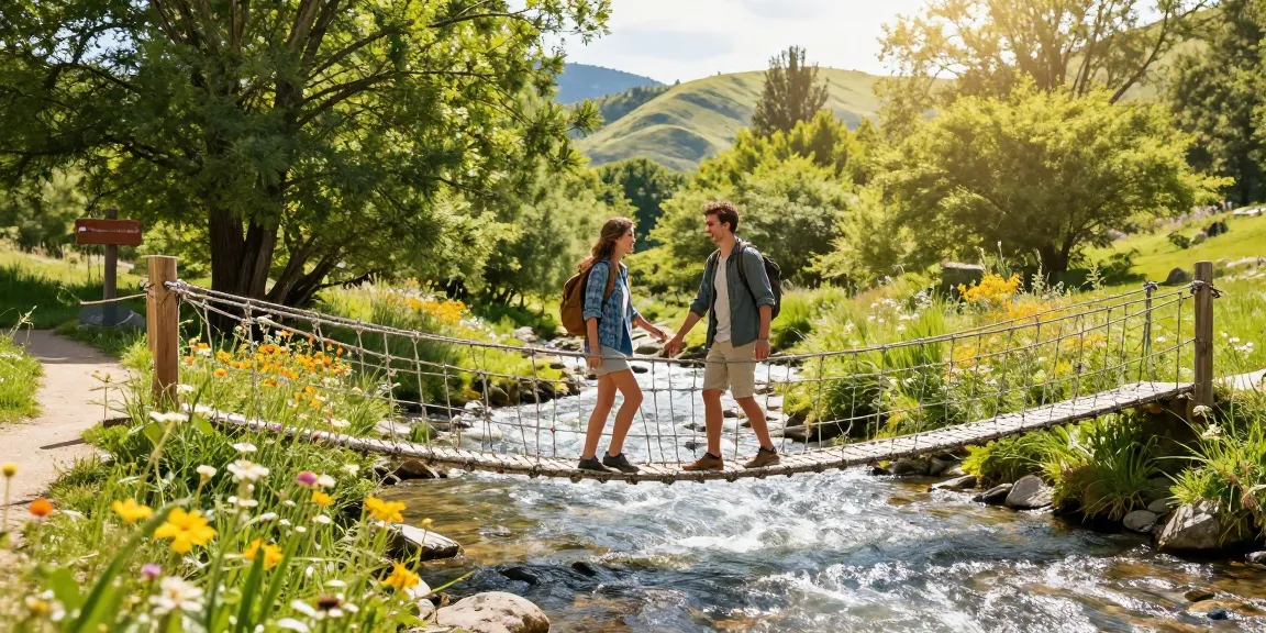A couple joyfully crossing a scenic river rope bridge surrounded by nature, capturing the spirit of adventure.