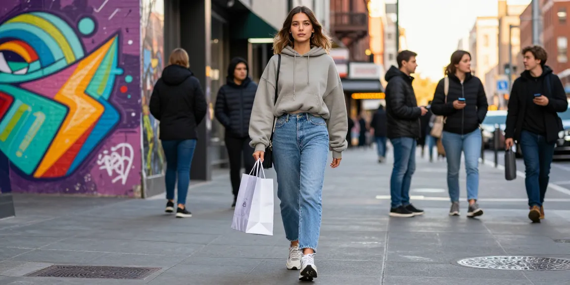 Young woman in streetwear holding a shopping bag while walking through a vibrant city, embodying the 레플리카 fashion culture.