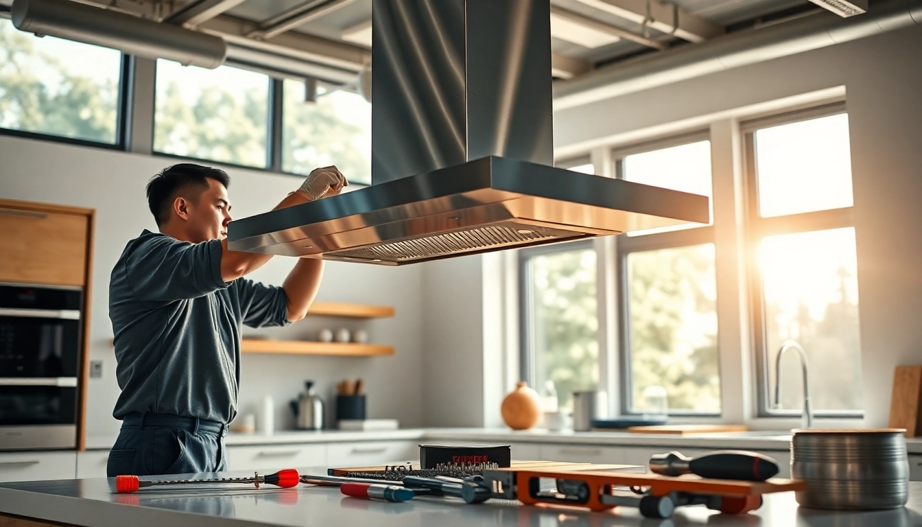 Technician demonstrating exhaust hood installation in a modern kitchen setting.