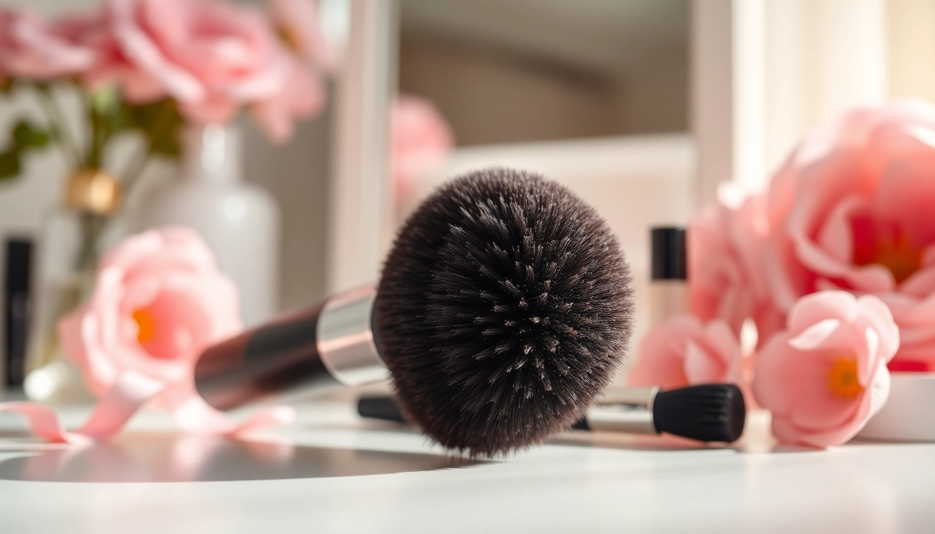 Applying flawless makeup with a dense makeup brush on a chic vanity.