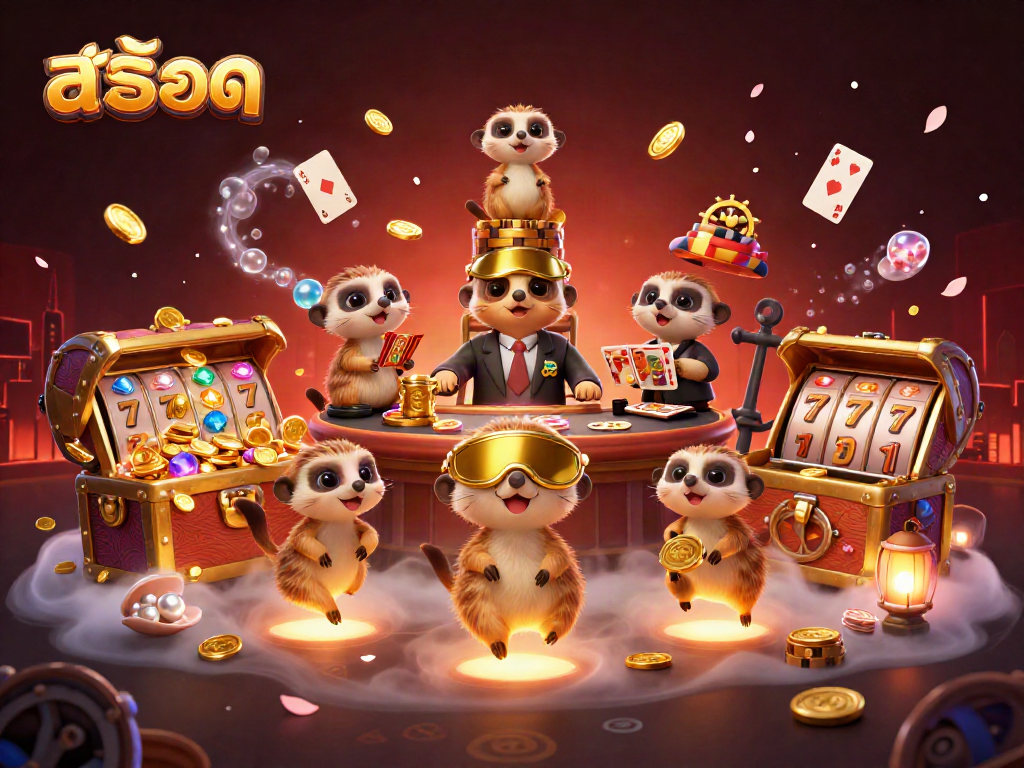 Engage with สล็อต in this vibrant 3D casino-themed meerkat illustration showcasing winning moments.