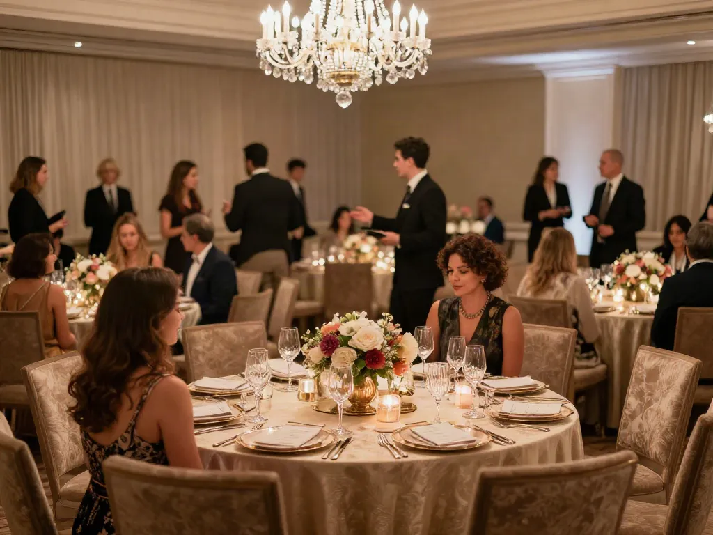 Event furniture rental in a grand ballroom with elegant table arrangements and diverse guests enjoying the celebration.